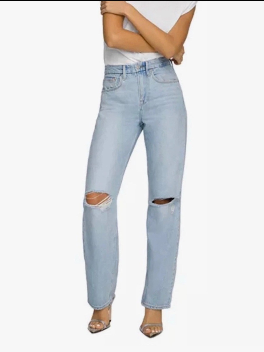 Good American 90s Baggy Light Blue Distressed Straight-Leg Jeans 12/31